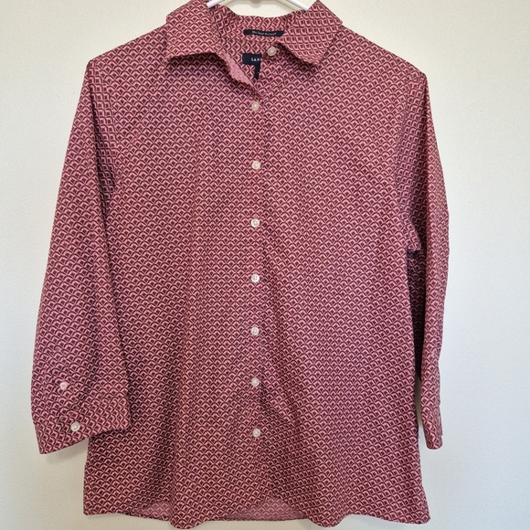 Lands’ End Women’s Pink Geometric Print Non-Iron Button Shirt – Size 10 - Picture 1 of 5